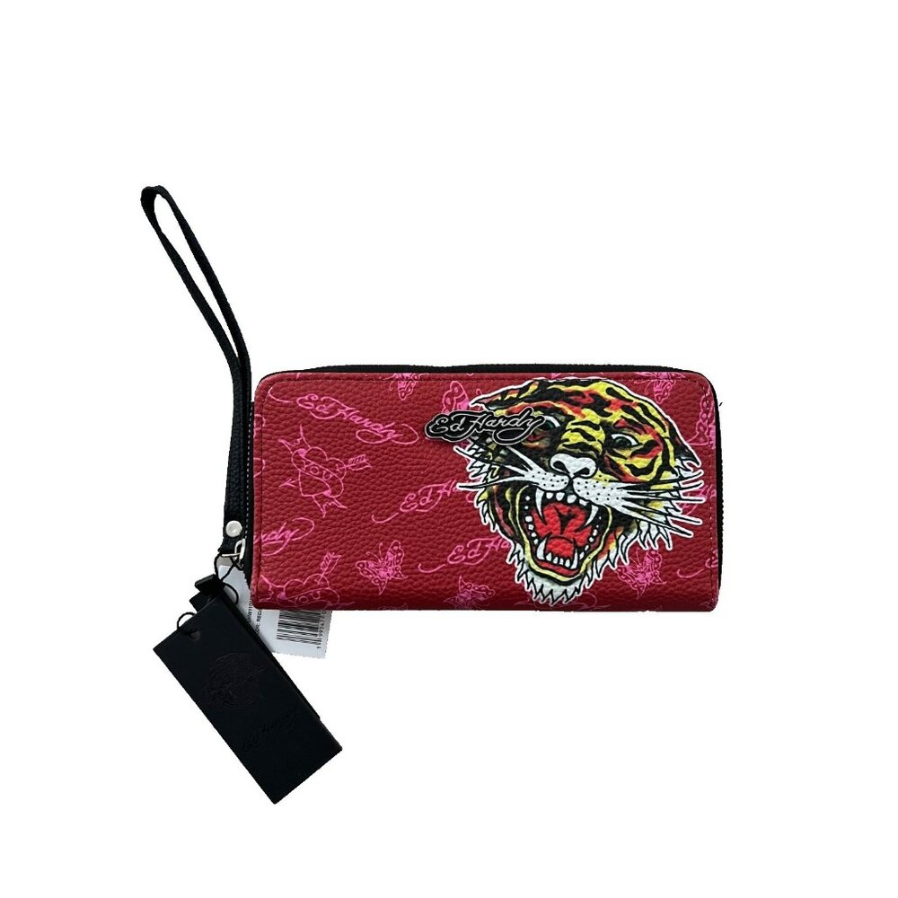 Ed Hardy Zip Around Wallet Pink Red Tiger